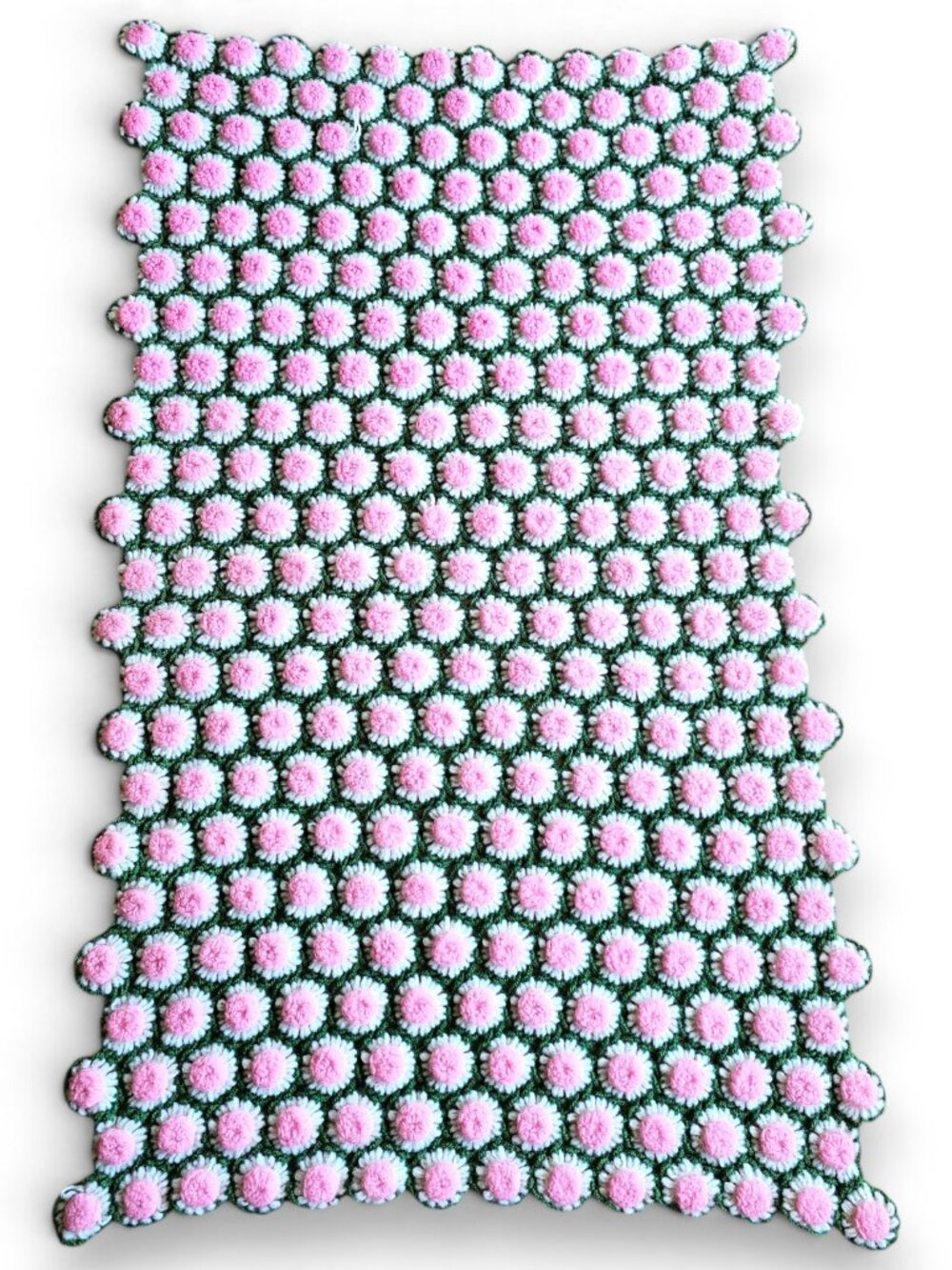 Vintage Handmade Crochet Blanket Puff Stitch Flower 3D Pink Green 32.5" x 54"